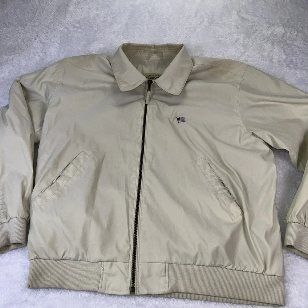 VTG 90s St John's Bay Men's Large FullZip Bomber‎ Jacket Tan Distressed +USA Pin